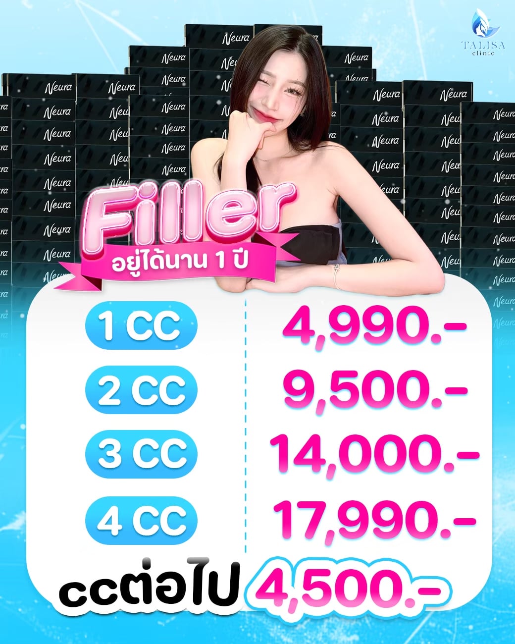 Neuramis filler pricing table at Talisa Clinic: 1–4 cc, starting from ฿4,990, with subsequent cc at ฿4,500.