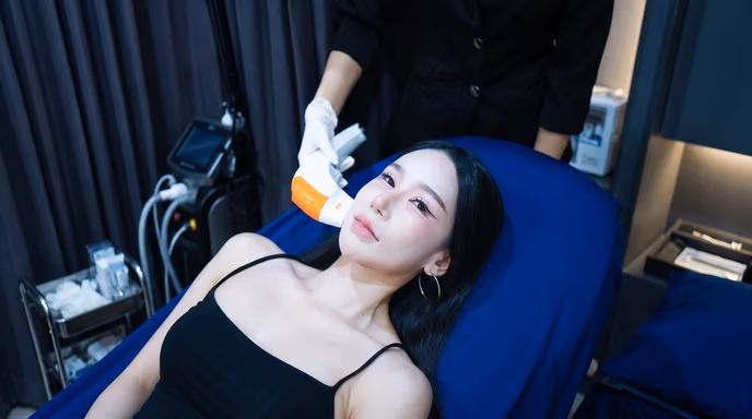 ผู้หญิงกำลังทำเครื่อง Ultraformer MPT หรือ Ulthera ที่ช่วยยกกระชับผิวและกรอบหน้า